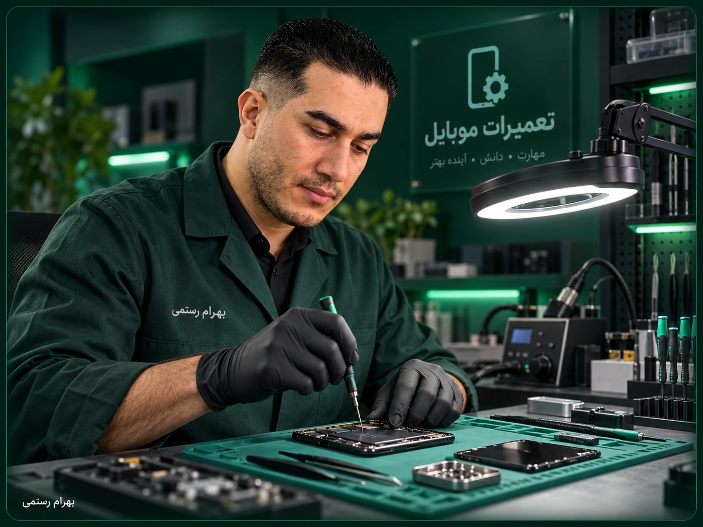 Teal Lit Smartphone Repair Workshop