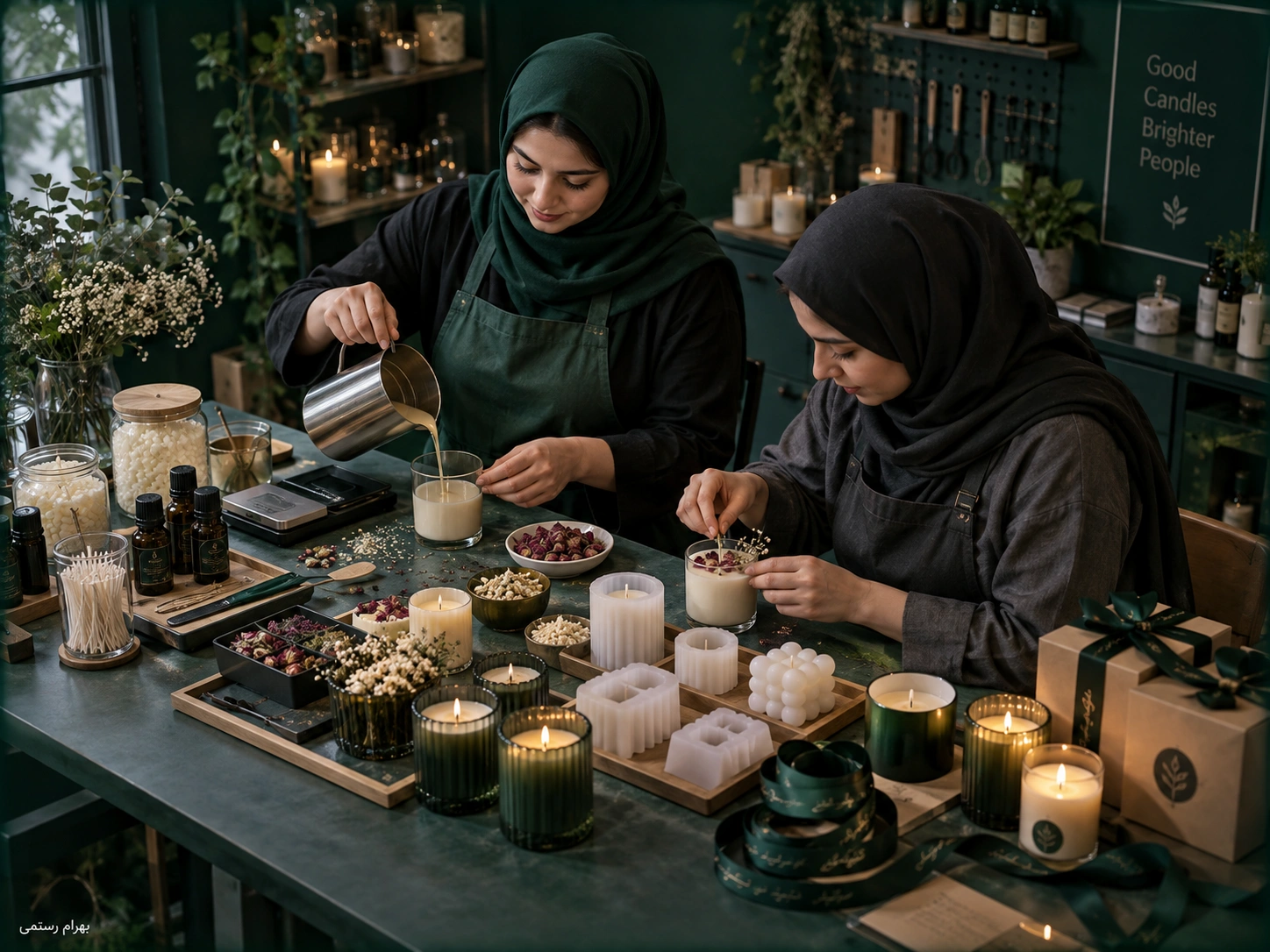 Candle Makers in a Cozy Green Studio