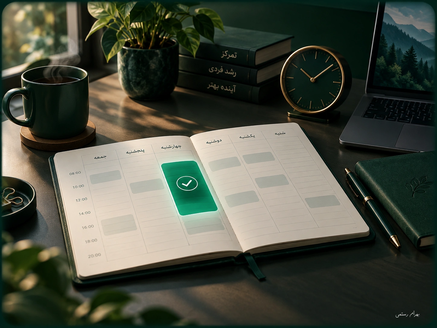 دفتر برنامه‌ریزی روزانه با زمان‌بندی مشخص برای کارهای مهم، نمادی از رزرو زمان و مدیریت بهتر زمان