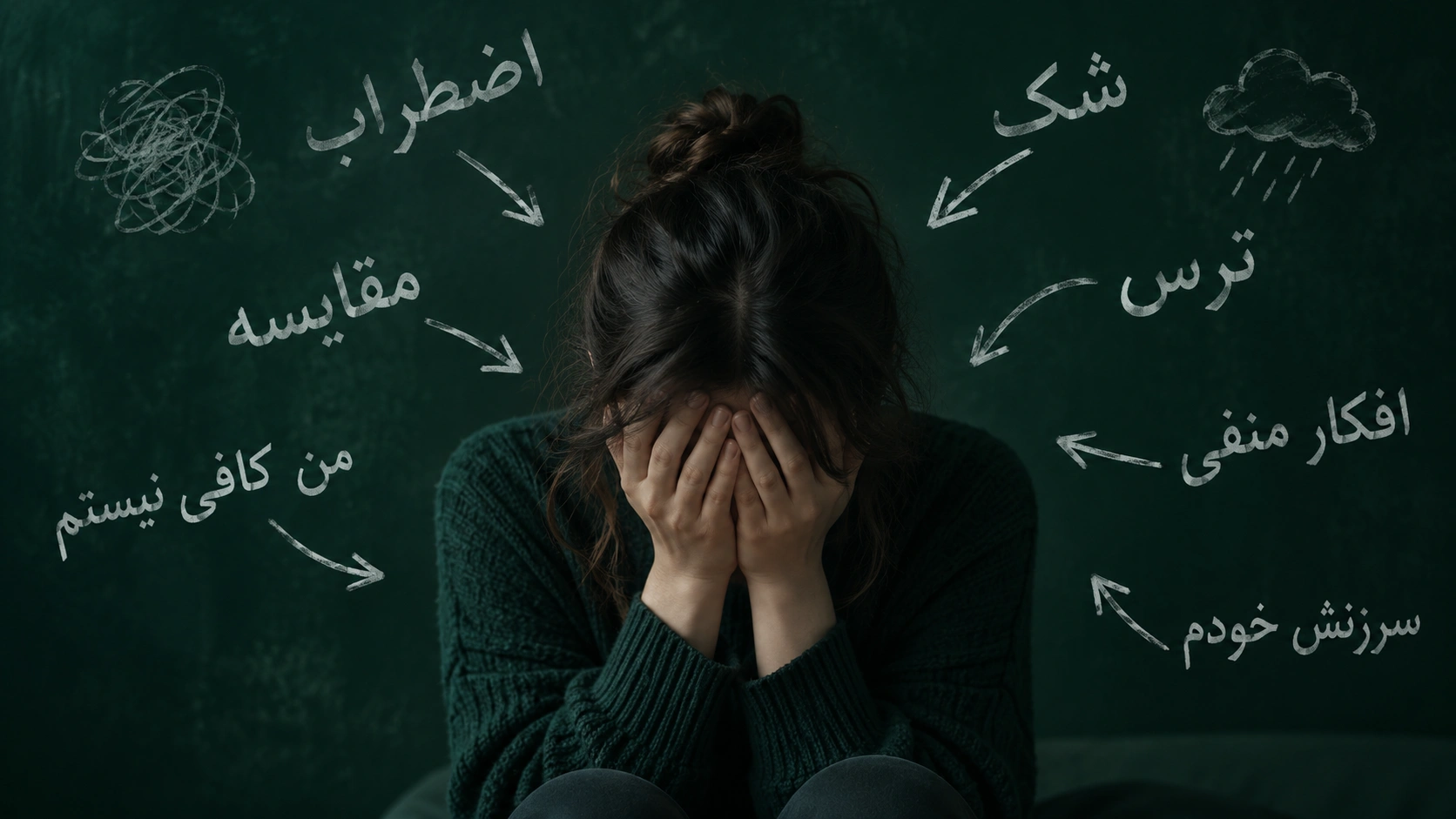 تصویر مفهومی اعتماد به نفس پایین با دختری که صورتش را با دست پوشانده و افکار منفی مانند اضطراب، ترس از شکست و مقایسه با دیگران اطراف او نوشته شدهاند