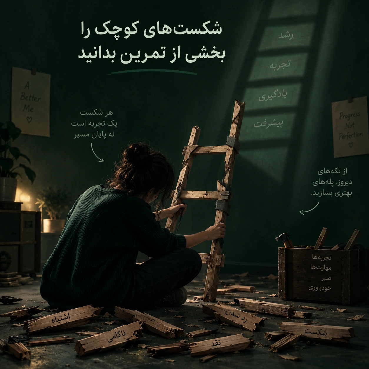 تصویر مفهومی شکستهای کوچک و رشد فردی با فردی که از تکهچوبهای شکسته یک نردبان میسازد؛ نمادی از تبدیل اشتباه، ناکامی و شکست به تجربه و پیشرفت در مقاله اعتماد به نفس پایین